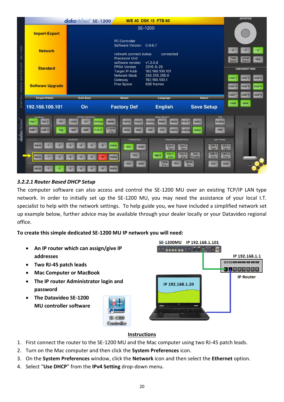 1 router based dhcp setup | Datavideo SE-1200MU 6-Input Switcher and RMC-260 Controller Bundle User Manual | Page 20 / 90