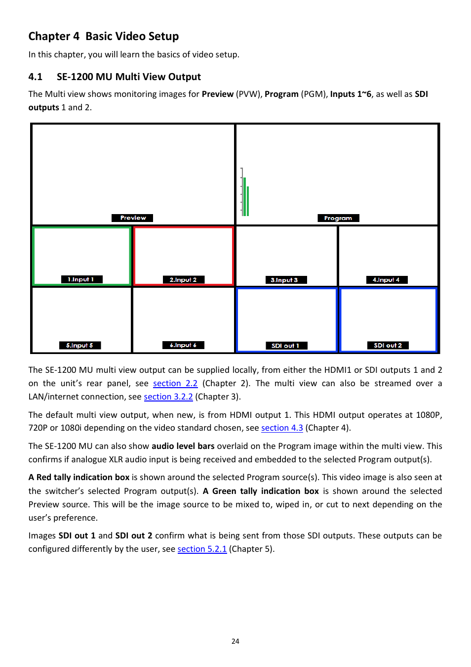 Chapter 4 basic video setup, 1 se-1200 mu multi view output, Chapter 4 | Basic video setup, Se-1200, Ulti, Utput | Datavideo SE-1200MU 6-Input Switcher and RMC-260 Controller Bundle User Manual | Page 24 / 90