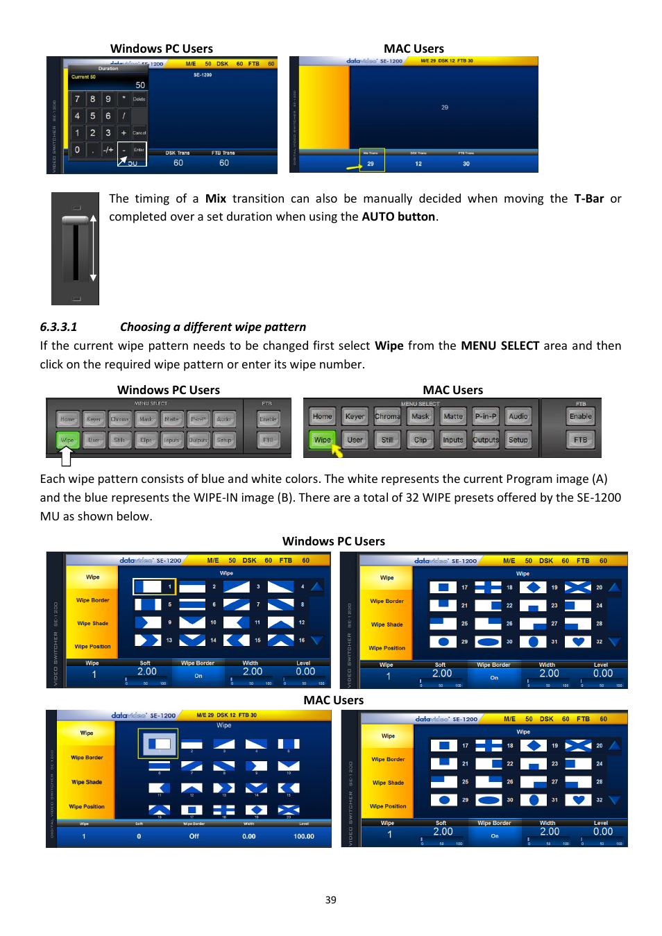 1 choosing a different wipe pattern | Datavideo SE-1200MU 6-Input Switcher and RMC-260 Controller Bundle User Manual | Page 39 / 90