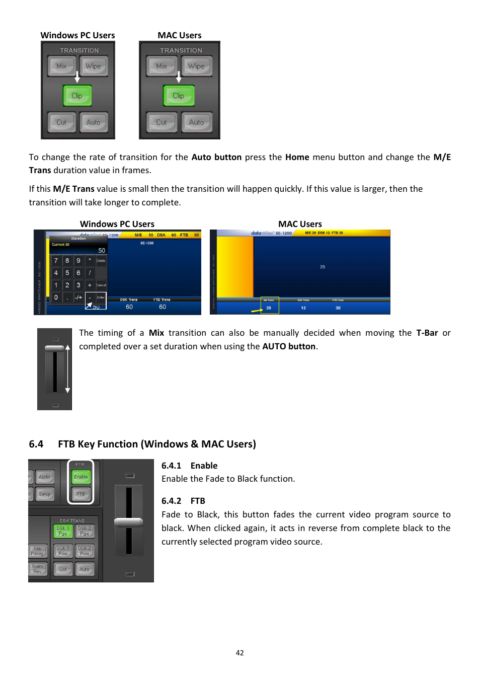 4 ftb key function (windows & mac users), 1 enable, 2 ftb | Unction, Indows, Sers, Enable | Datavideo SE-1200MU 6-Input Switcher and RMC-260 Controller Bundle User Manual | Page 42 / 90