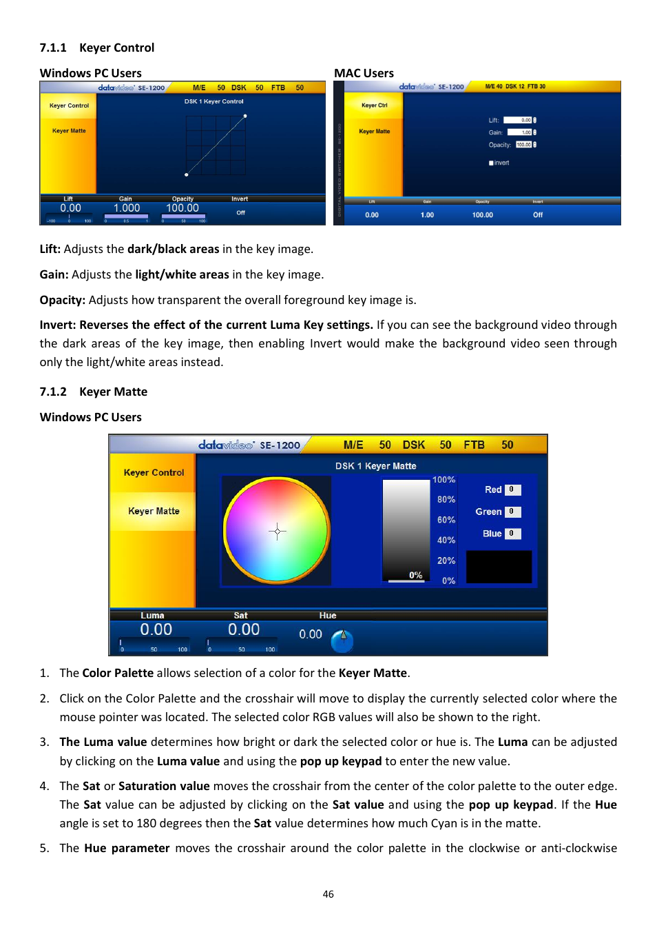1 keyer control, 2 keyer matte, Keyer control | Keyer matte | Datavideo SE-1200MU 6-Input Switcher and RMC-260 Controller Bundle User Manual | Page 46 / 90