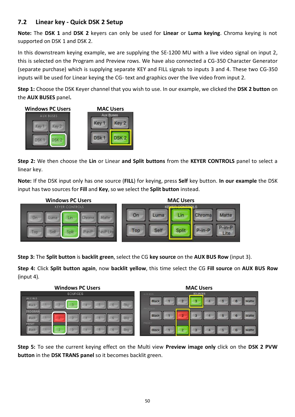2 linear key - quick dsk 2 setup, Inear key, Uick | Etup | Datavideo SE-1200MU 6-Input Switcher and RMC-260 Controller Bundle User Manual | Page 50 / 90
