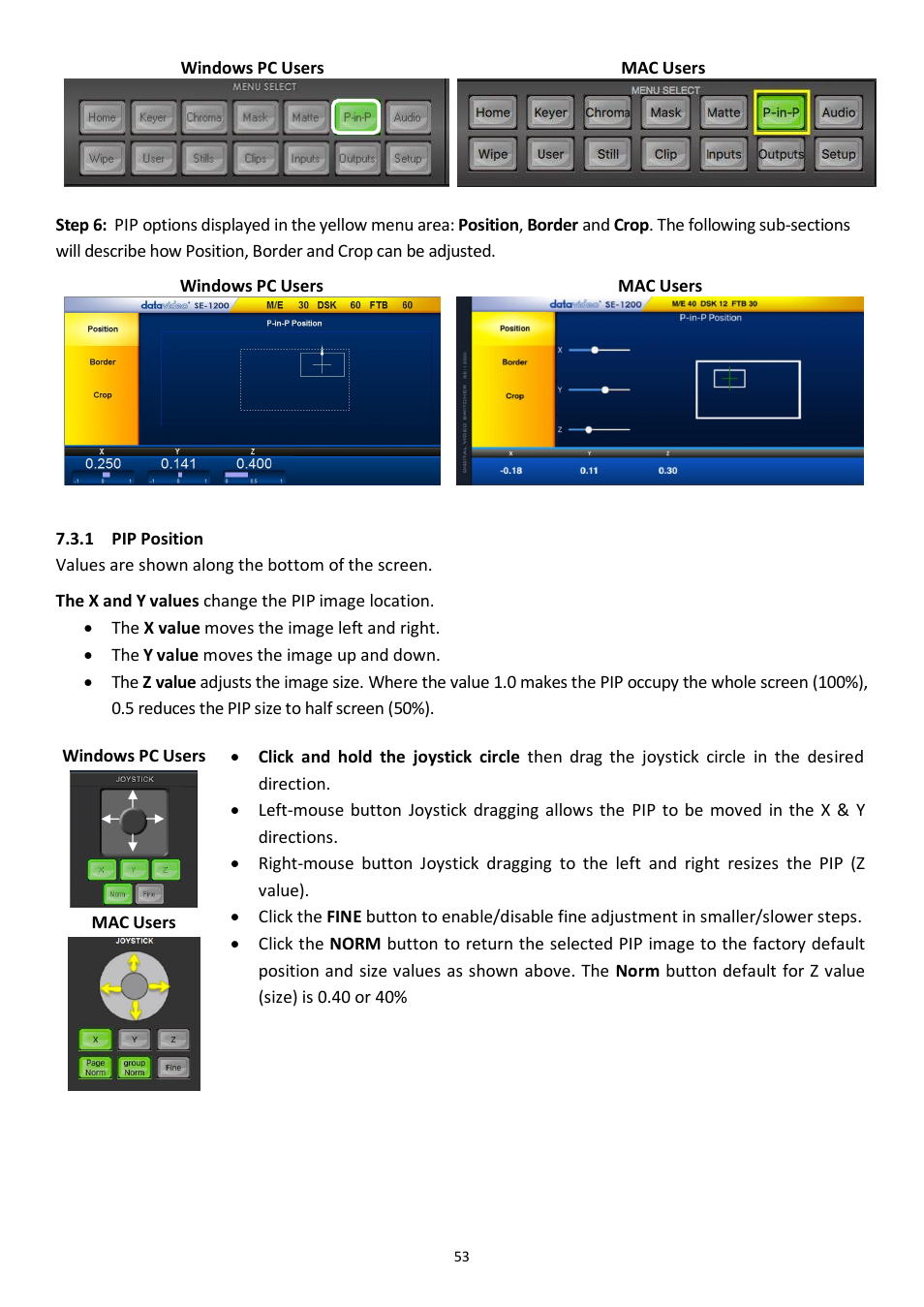 1 pip position, Pip position | Datavideo SE-1200MU 6-Input Switcher and RMC-260 Controller Bundle User Manual | Page 53 / 90