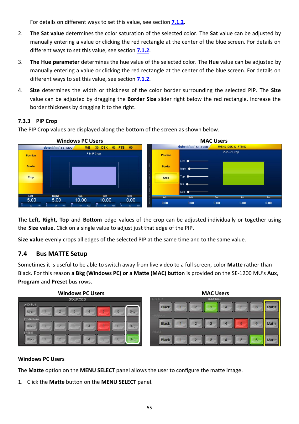 3 pip crop, 4 bus matte setup, Pip crop | Matte, Etup | Datavideo SE-1200MU 6-Input Switcher and RMC-260 Controller Bundle User Manual | Page 55 / 90