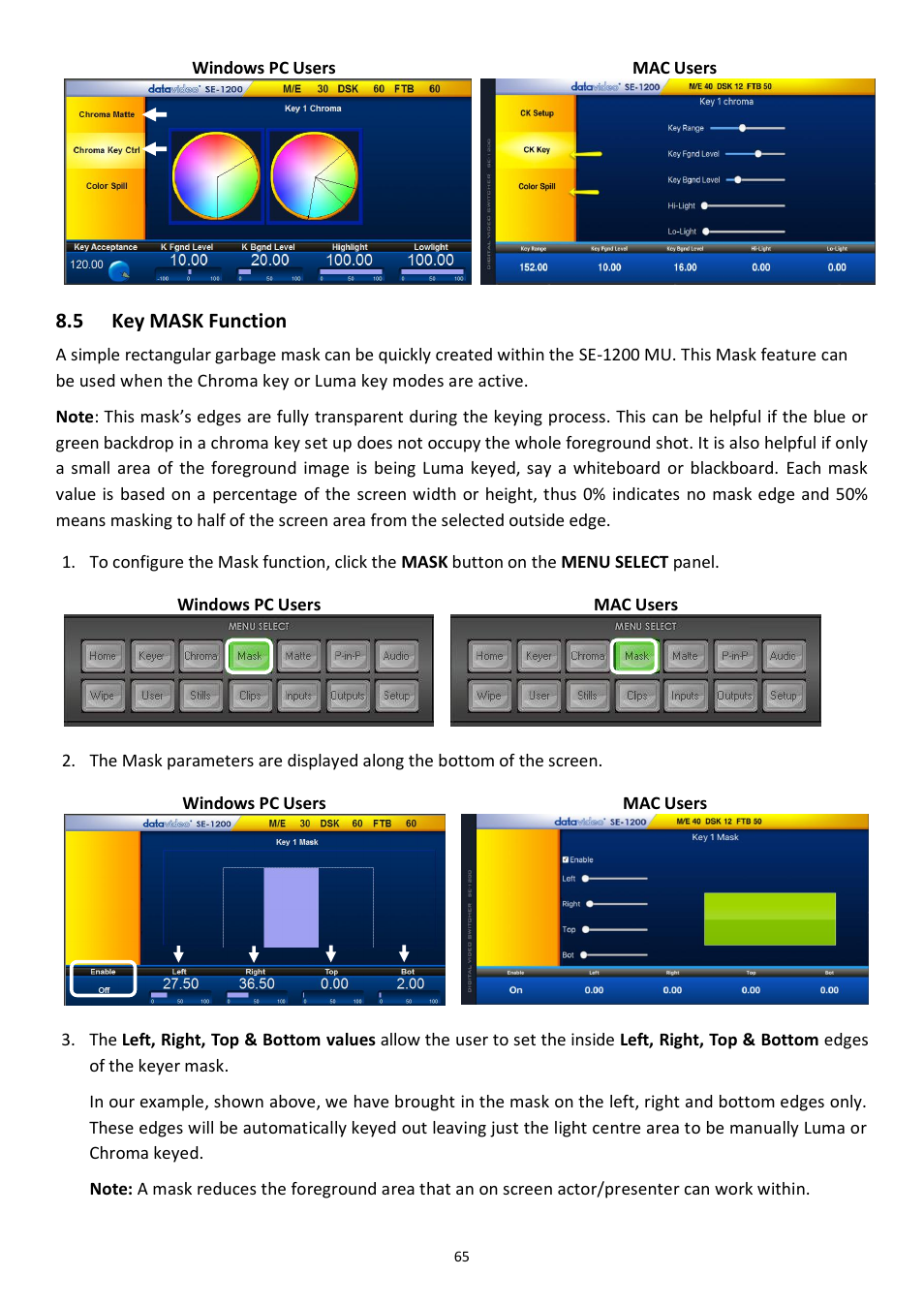 5 key mask function, Mask, Unction | Datavideo SE-1200MU 6-Input Switcher and RMC-260 Controller Bundle User Manual | Page 65 / 90