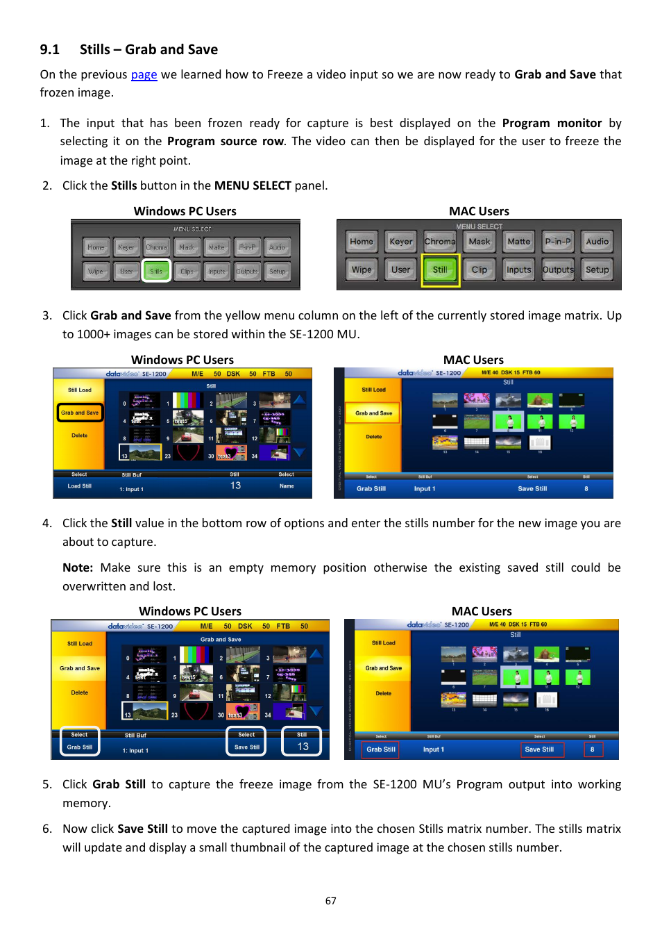 1 stills – grab and save, Tills, Rab and | Datavideo SE-1200MU 6-Input Switcher and RMC-260 Controller Bundle User Manual | Page 67 / 90