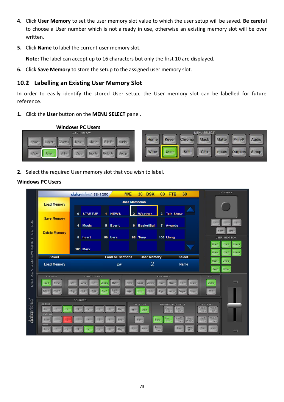 2 labelling an existing user memory slot, Abelling an, Xisting | Emory | Datavideo SE-1200MU 6-Input Switcher and RMC-260 Controller Bundle User Manual | Page 73 / 90