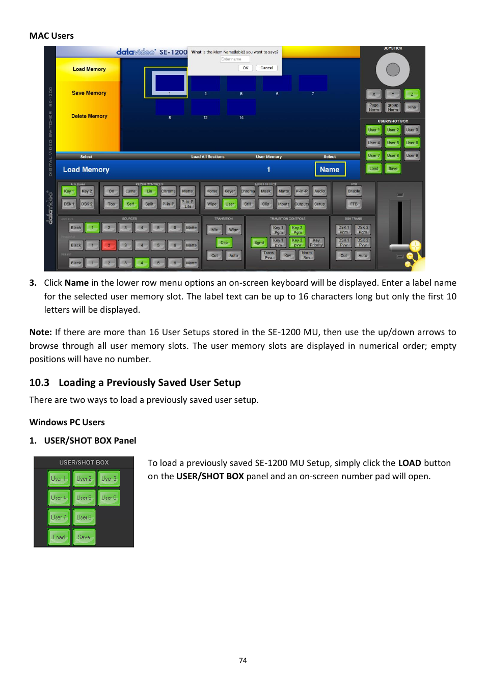 3 loading a previously saved user setup, Oading a, Reviously | Aved, Etup | Datavideo SE-1200MU 6-Input Switcher and RMC-260 Controller Bundle User Manual | Page 74 / 90