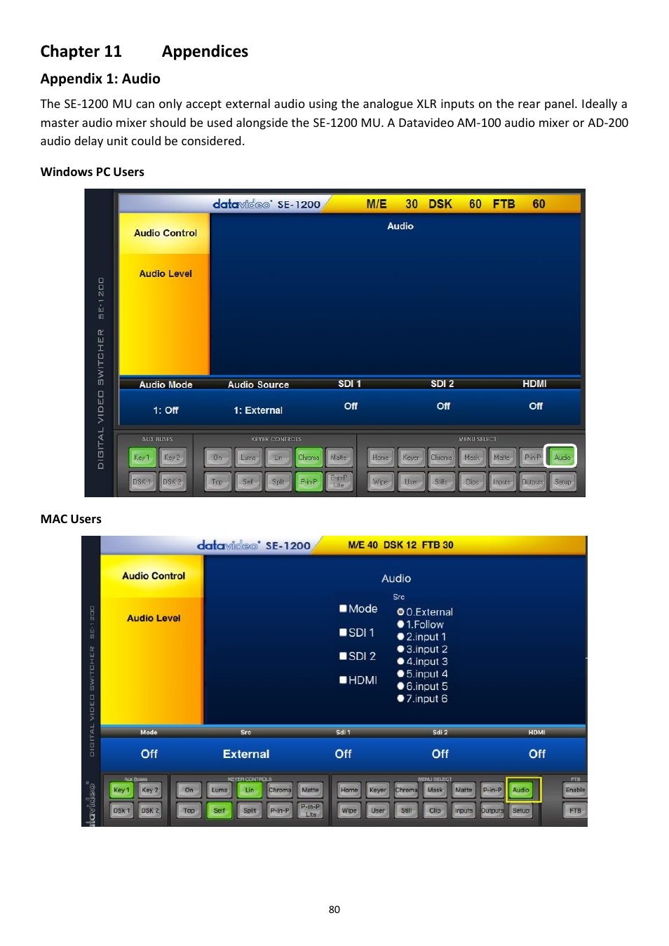 Chapter 11 appendices, Appendix 1: audio, Chapter 11 | Appendices, Ppendix, Udio | Datavideo SE-1200MU 6-Input Switcher and RMC-260 Controller Bundle User Manual | Page 80 / 90