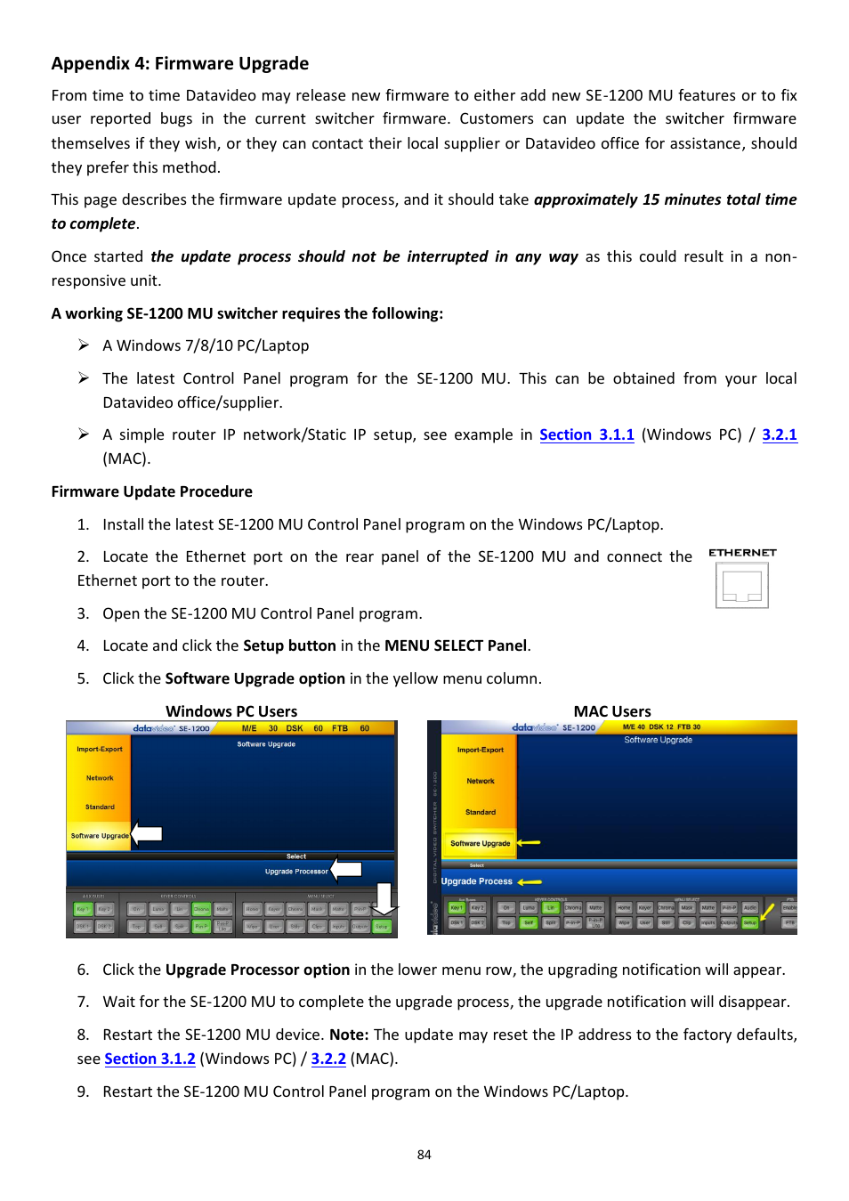Appendix 4: firmware upgrade, Ppendix, Irmware | Pgrade | Datavideo SE-1200MU 6-Input Switcher and RMC-260 Controller Bundle User Manual | Page 84 / 90