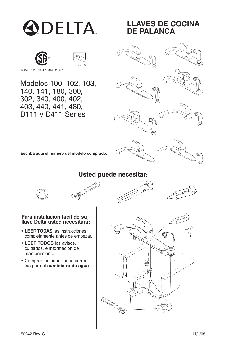 Llaves de cocina de palanca, Usted puede necesitar | Delta Model 400 User Manual | Page 11 / 40