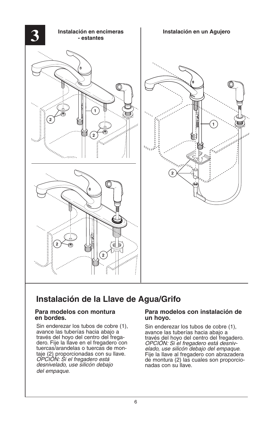 Instalación de la llave de agua/grifo | Delta Model 400 User Manual | Page 16 / 40