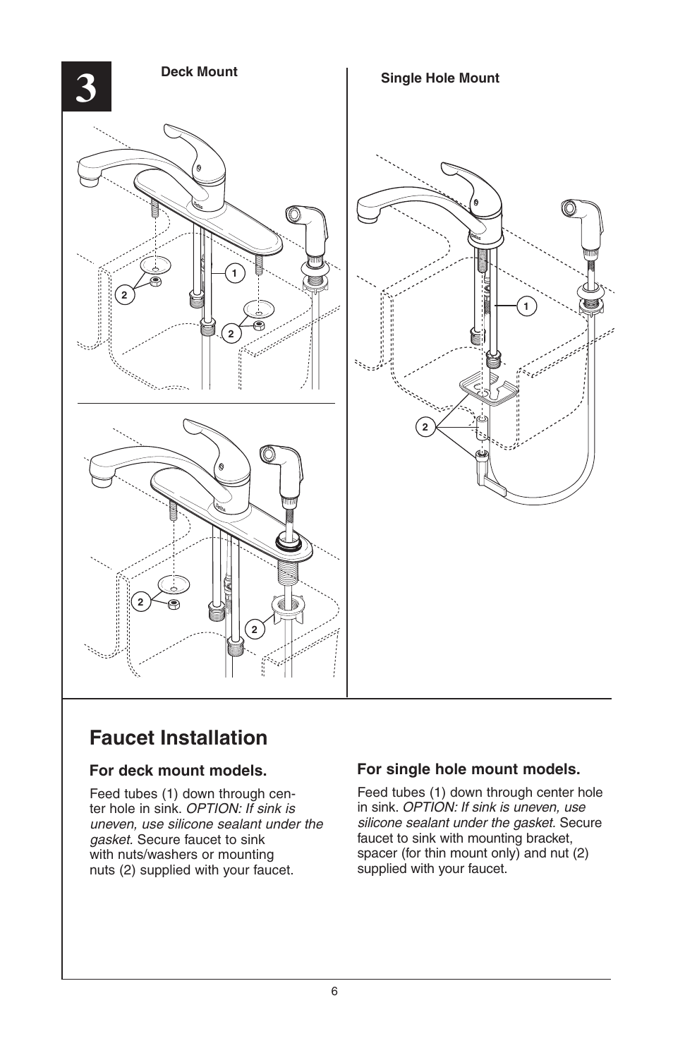 Faucet installation | Delta Model 400 User Manual | Page 6 / 40