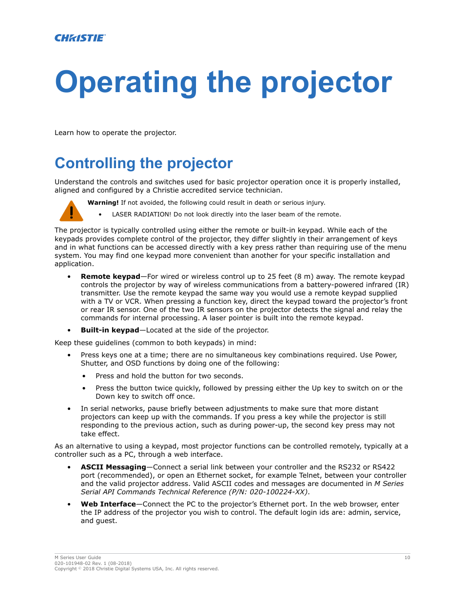 Operating the projector, Controlling the projector | Christie M Series WU14K-M WUXGA 3DLP Projector (No Lens) User Manual | Page 10 / 89