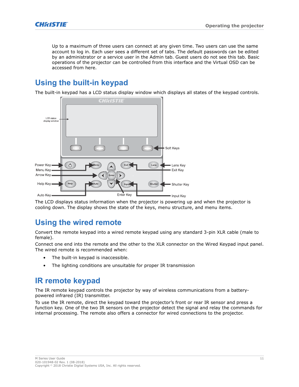 Using the built-in keypad, Using the wired remote, Ir remote keypad | Christie M Series WU14K-M WUXGA 3DLP Projector (No Lens) User Manual | Page 11 / 89