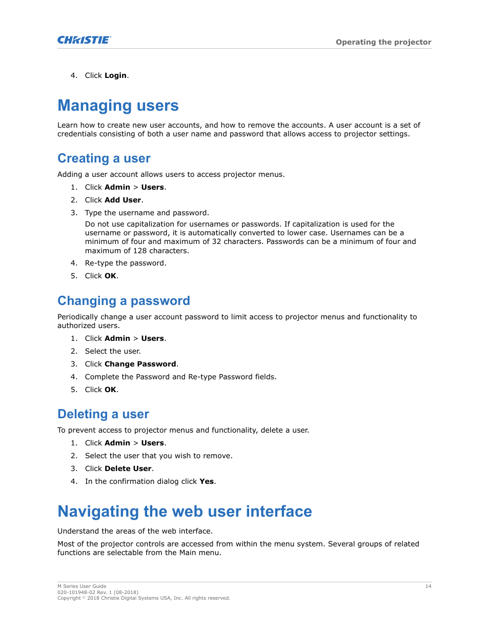 Managing users, Creating a user, Changing a password | Deleting a user, Navigating the web user interface | Christie M Series WU14K-M WUXGA 3DLP Projector (No Lens) User Manual | Page 14 / 89