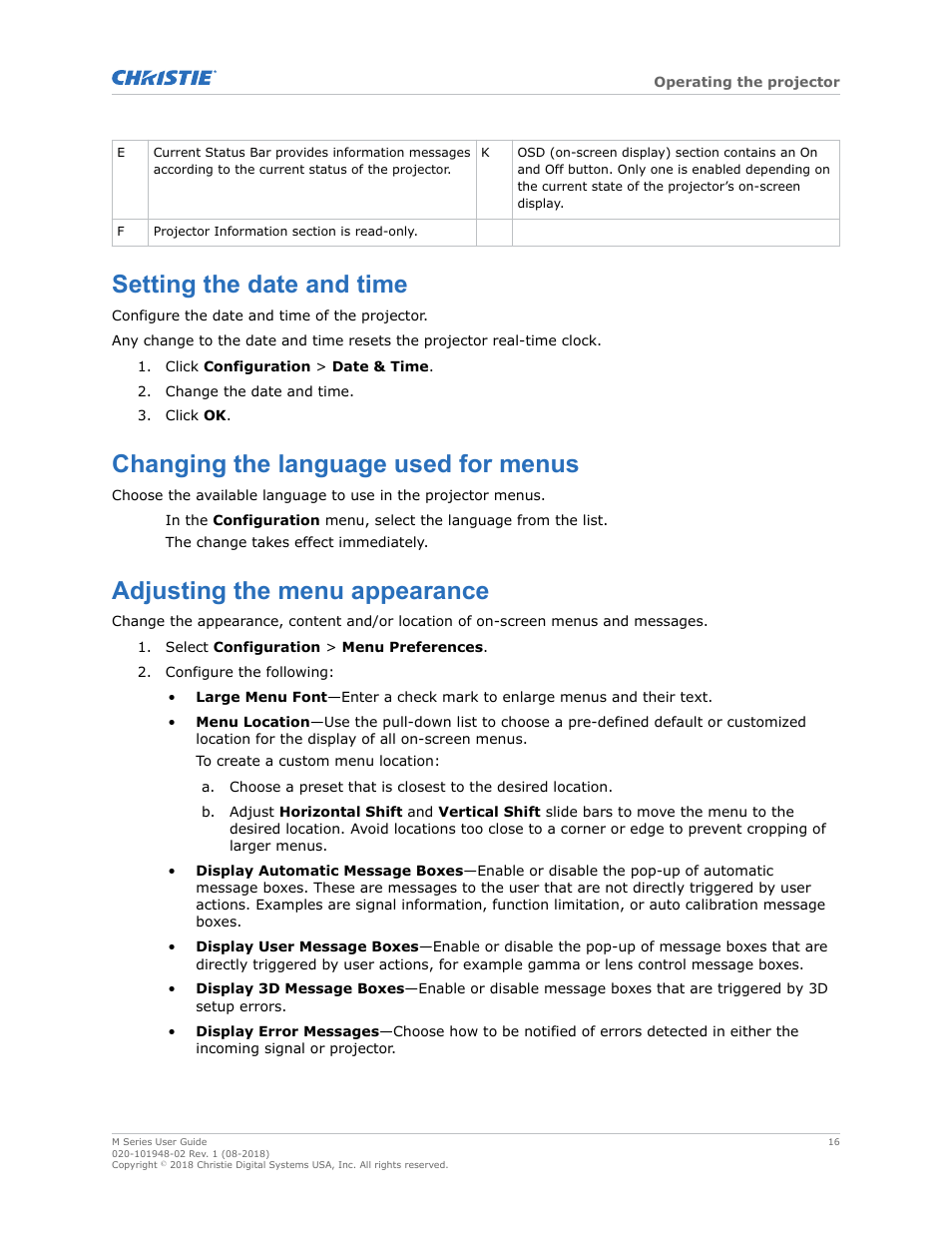 Setting the date and time, Changing the language used for menus, Adjusting the menu appearance | Christie M Series WU14K-M WUXGA 3DLP Projector (No Lens) User Manual | Page 16 / 89