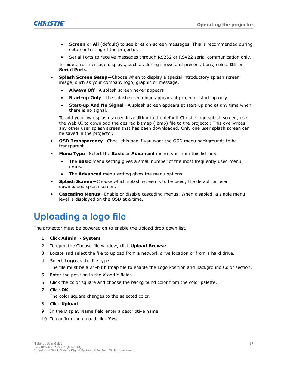 Uploading a logo file | Christie M Series WU14K-M WUXGA 3DLP Projector (No Lens) User Manual | Page 17 / 89