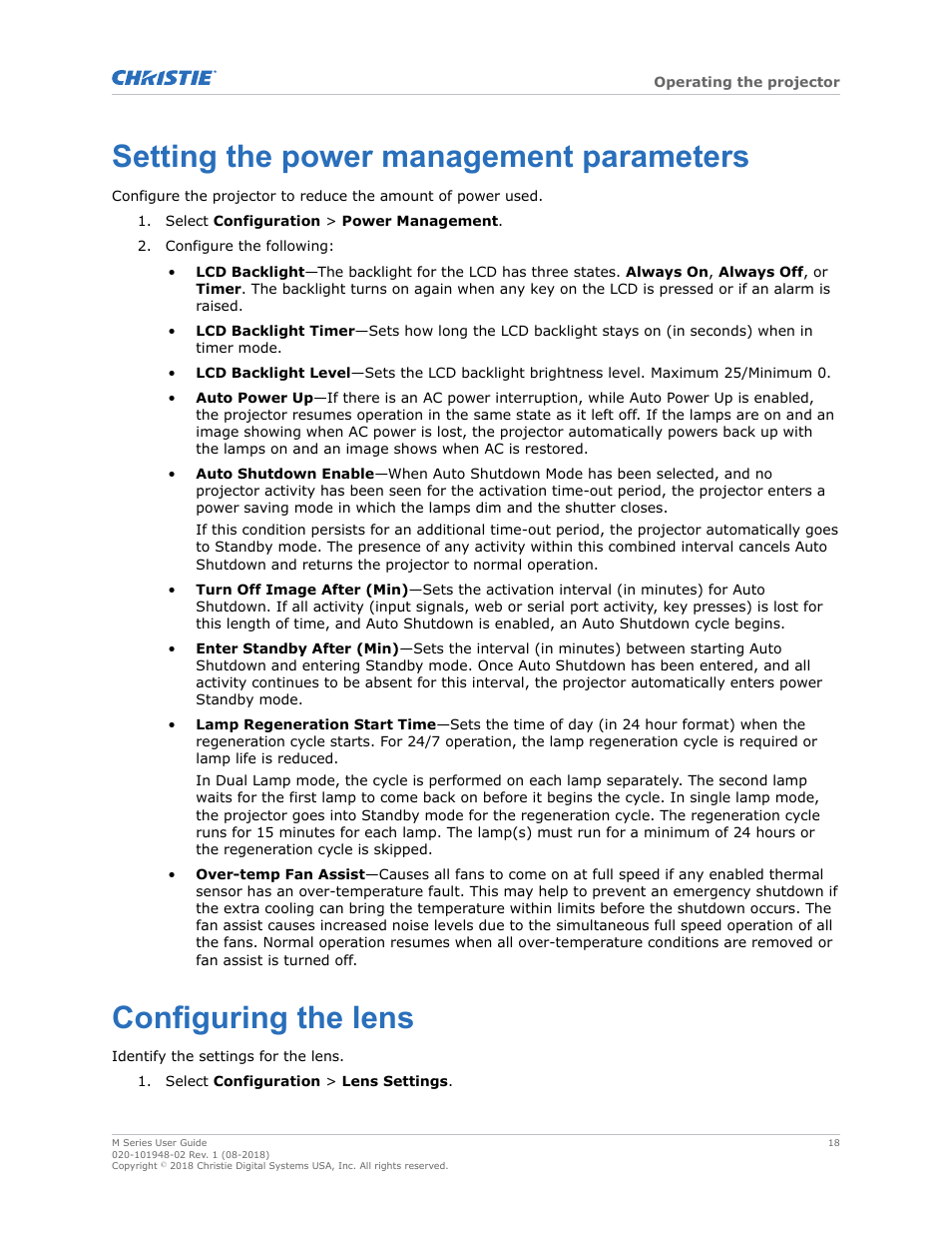 Setting the power management parameters, Configuring the lens | Christie M Series WU14K-M WUXGA 3DLP Projector (No Lens) User Manual | Page 18 / 89