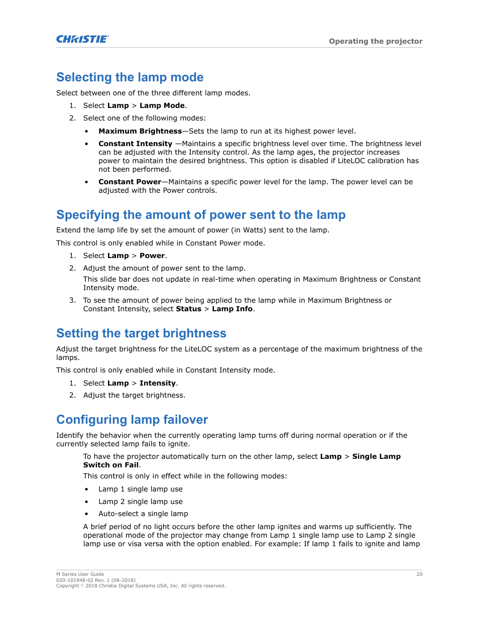 Selecting the lamp mode, Specifying the amount of power sent to the lamp, Setting the target brightness | Configuring lamp failover | Christie M Series WU14K-M WUXGA 3DLP Projector (No Lens) User Manual | Page 20 / 89