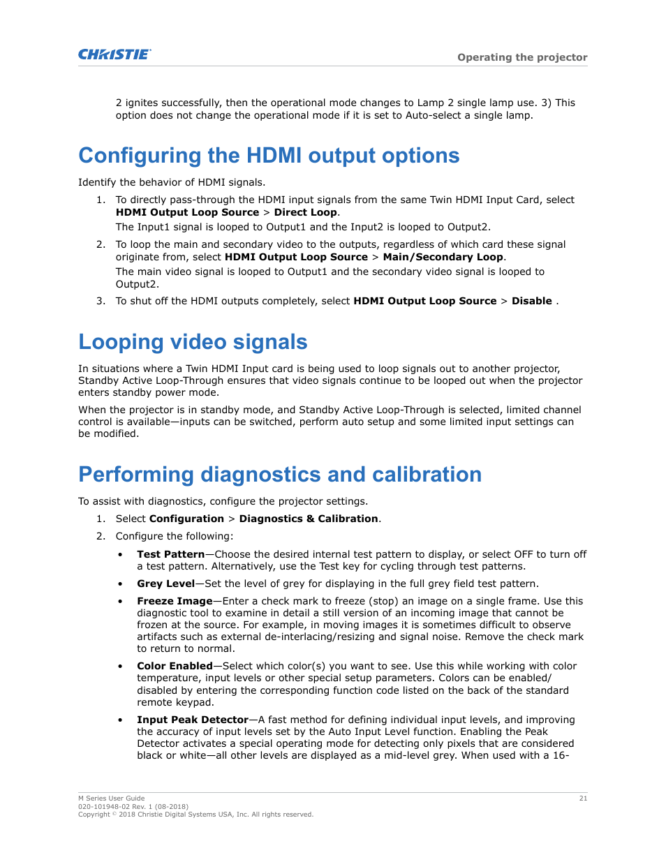 Configuring the hdmi output options, Looping video signals, Performing diagnostics and calibration | Christie M Series WU14K-M WUXGA 3DLP Projector (No Lens) User Manual | Page 21 / 89