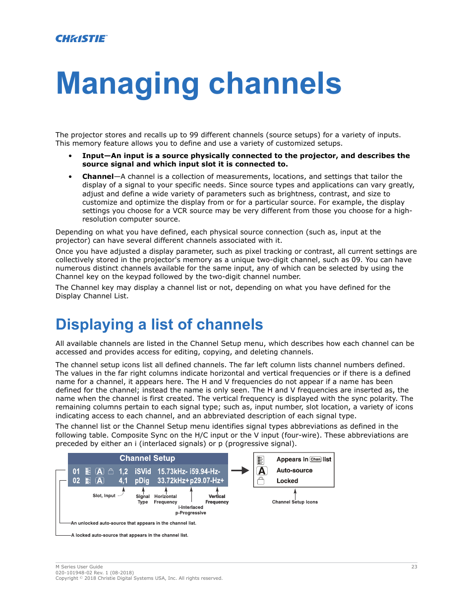 Managing channels, Displaying a list of channels | Christie M Series WU14K-M WUXGA 3DLP Projector (No Lens) User Manual | Page 23 / 89