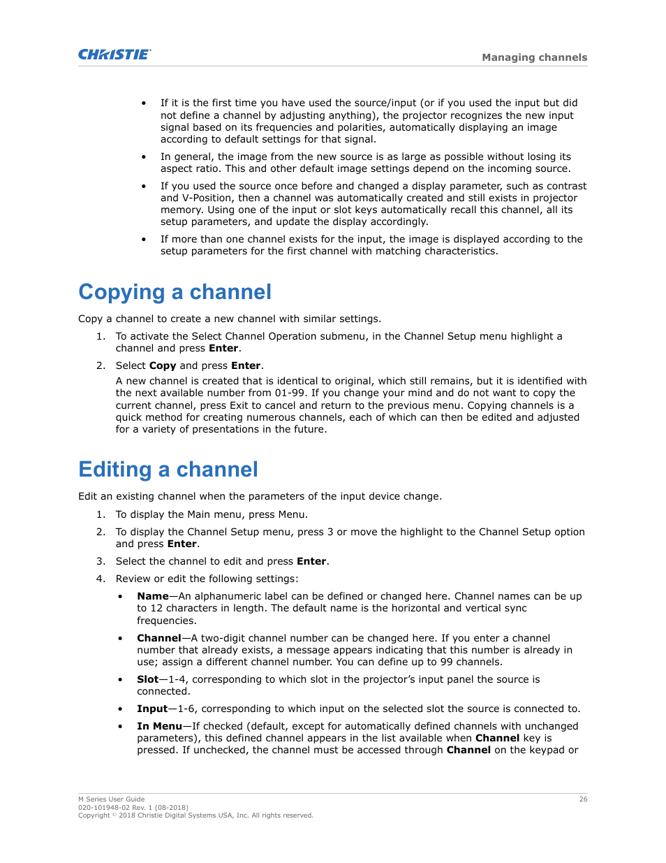 Copying a channel, Editing a channel, Copying a channel editing a channel | Christie M Series WU14K-M WUXGA 3DLP Projector (No Lens) User Manual | Page 26 / 89