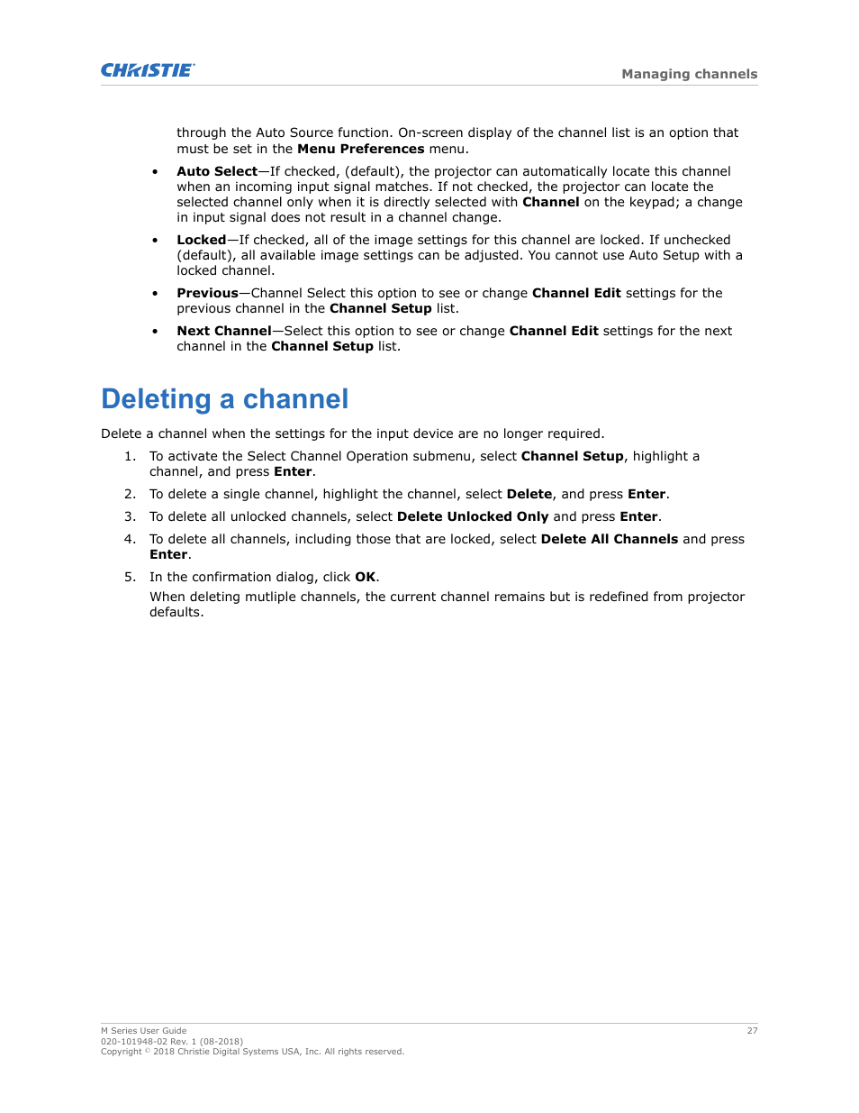 Deleting a channel | Christie M Series WU14K-M WUXGA 3DLP Projector (No Lens) User Manual | Page 27 / 89