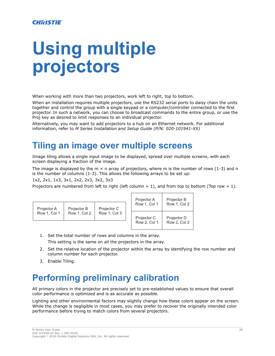 Using multiple projectors, Tiling an image over multiple screens, Performing preliminary calibration | Christie M Series WU14K-M WUXGA 3DLP Projector (No Lens) User Manual | Page 28 / 89
