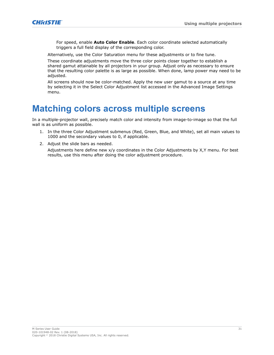 Matching colors across multiple screens | Christie M Series WU14K-M WUXGA 3DLP Projector (No Lens) User Manual | Page 31 / 89