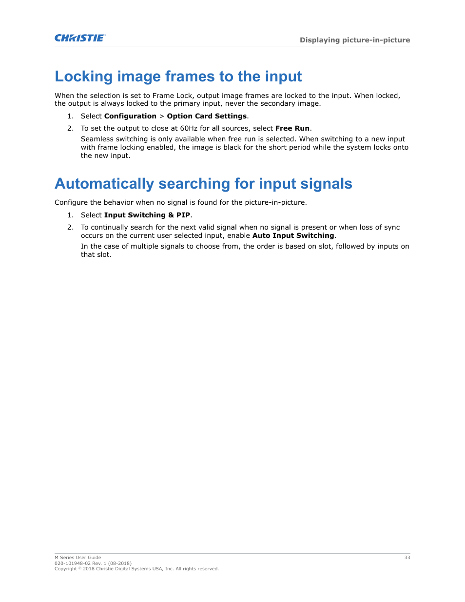 Locking image frames to the input, Automatically searching for input signals | Christie M Series WU14K-M WUXGA 3DLP Projector (No Lens) User Manual | Page 33 / 89