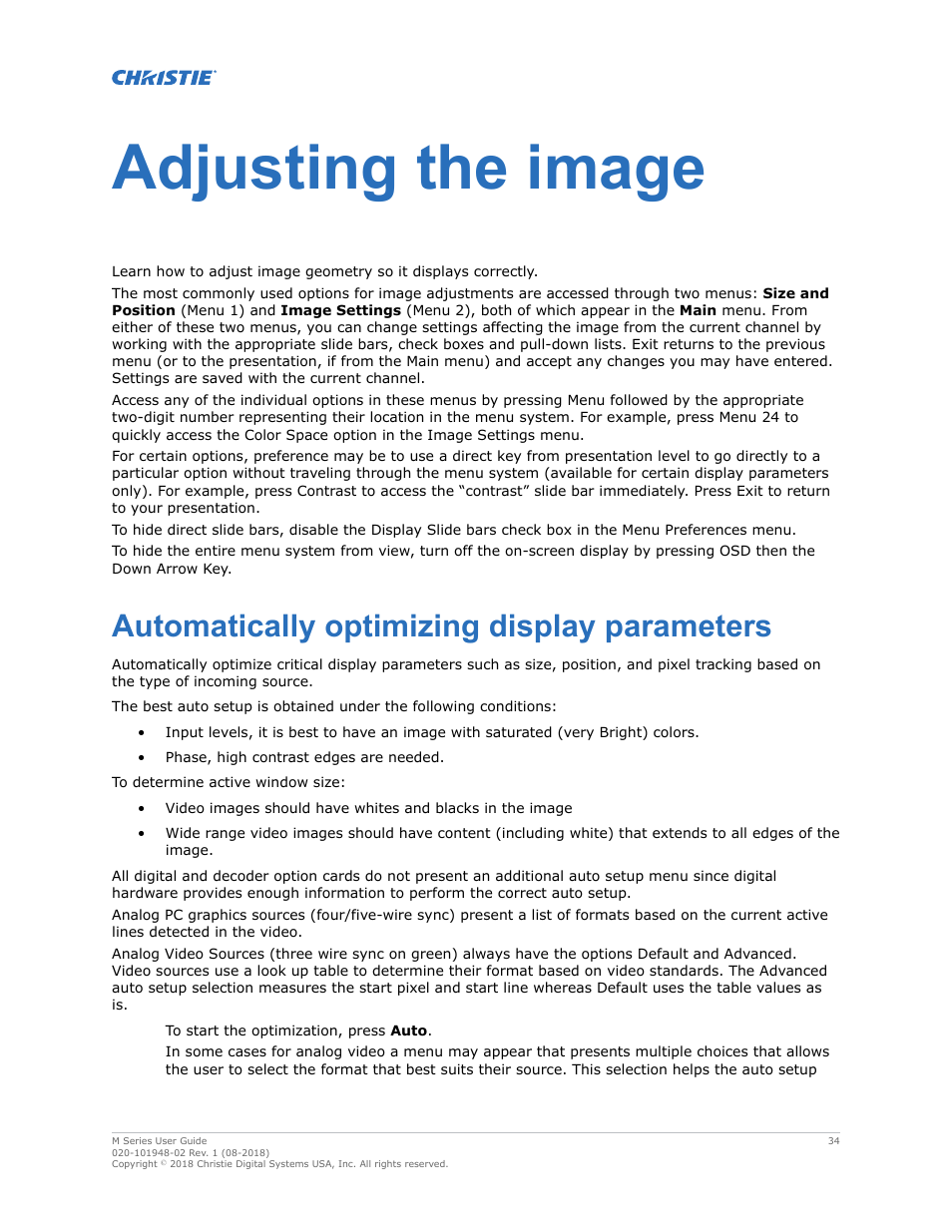 Adjusting the image, Automatically optimizing display parameters | Christie M Series WU14K-M WUXGA 3DLP Projector (No Lens) User Manual | Page 34 / 89