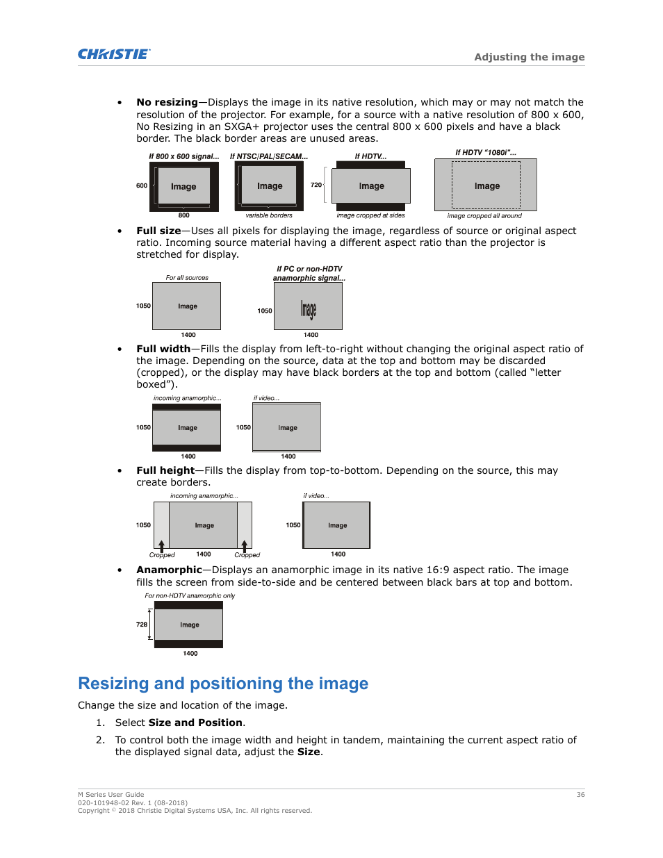 Resizing and positioning the image | Christie M Series WU14K-M WUXGA 3DLP Projector (No Lens) User Manual | Page 36 / 89