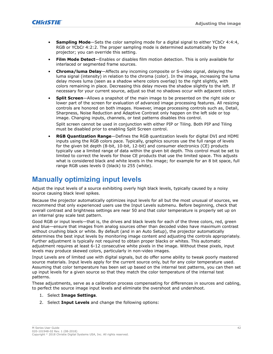 Manually optimizing input levels | Christie M Series WU14K-M WUXGA 3DLP Projector (No Lens) User Manual | Page 42 / 89