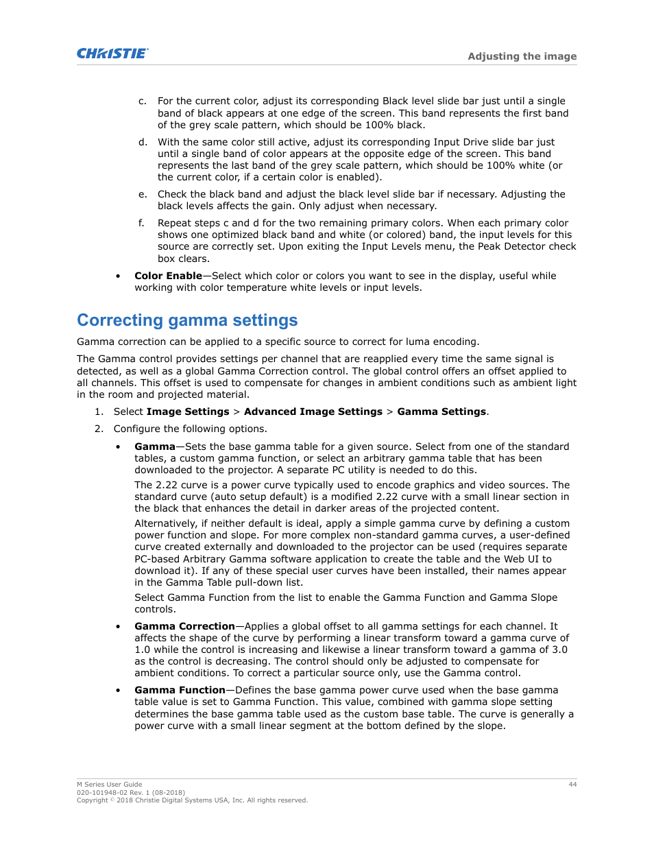 Correcting gamma settings | Christie M Series WU14K-M WUXGA 3DLP Projector (No Lens) User Manual | Page 44 / 89