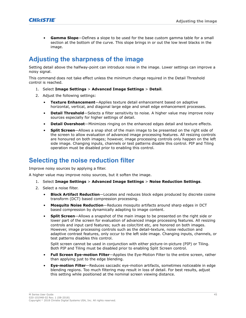 Adjusting the sharpness of the image, Selecting the noise reduction filter | Christie M Series WU14K-M WUXGA 3DLP Projector (No Lens) User Manual | Page 45 / 89