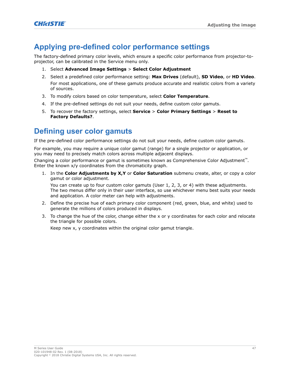 Applying pre-defined color performance settings, Defining user color gamuts | Christie M Series WU14K-M WUXGA 3DLP Projector (No Lens) User Manual | Page 47 / 89