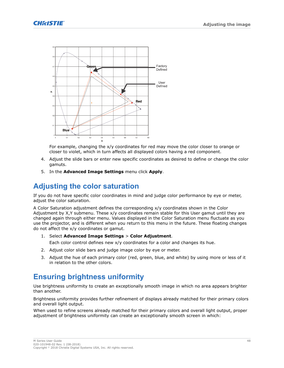 Adjusting the color saturation, Ensuring brightness uniformity | Christie M Series WU14K-M WUXGA 3DLP Projector (No Lens) User Manual | Page 48 / 89