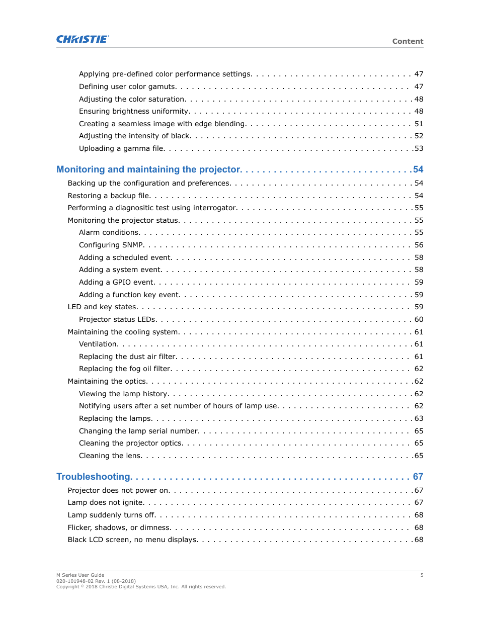 Monitoring and maintaining the projector, Troubleshooting | Christie M Series WU14K-M WUXGA 3DLP Projector (No Lens) User Manual | Page 5 / 89