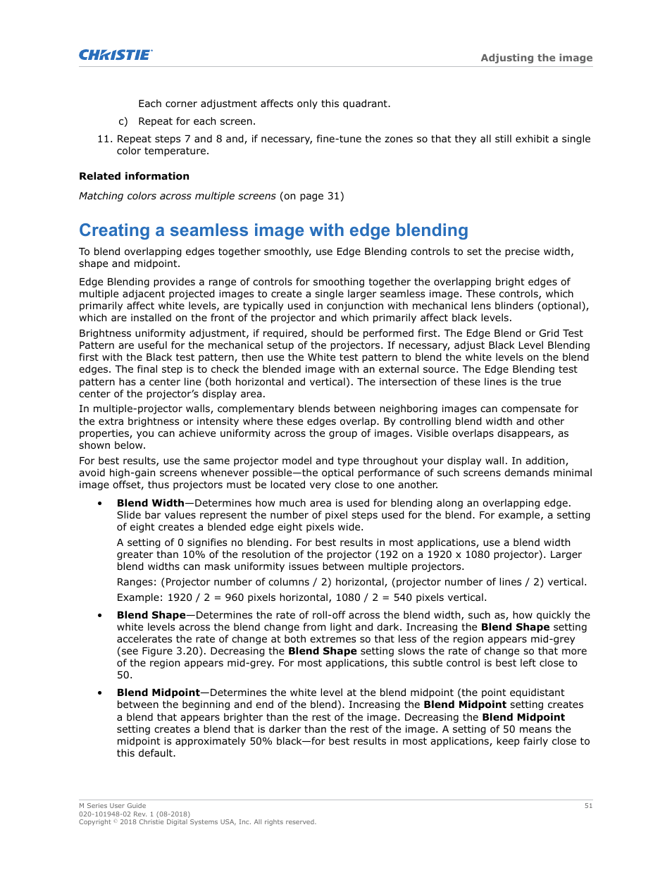 Creating a seamless image with edge blending | Christie M Series WU14K-M WUXGA 3DLP Projector (No Lens) User Manual | Page 51 / 89