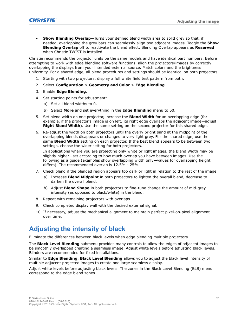 Adjusting the intensity of black | Christie M Series WU14K-M WUXGA 3DLP Projector (No Lens) User Manual | Page 52 / 89