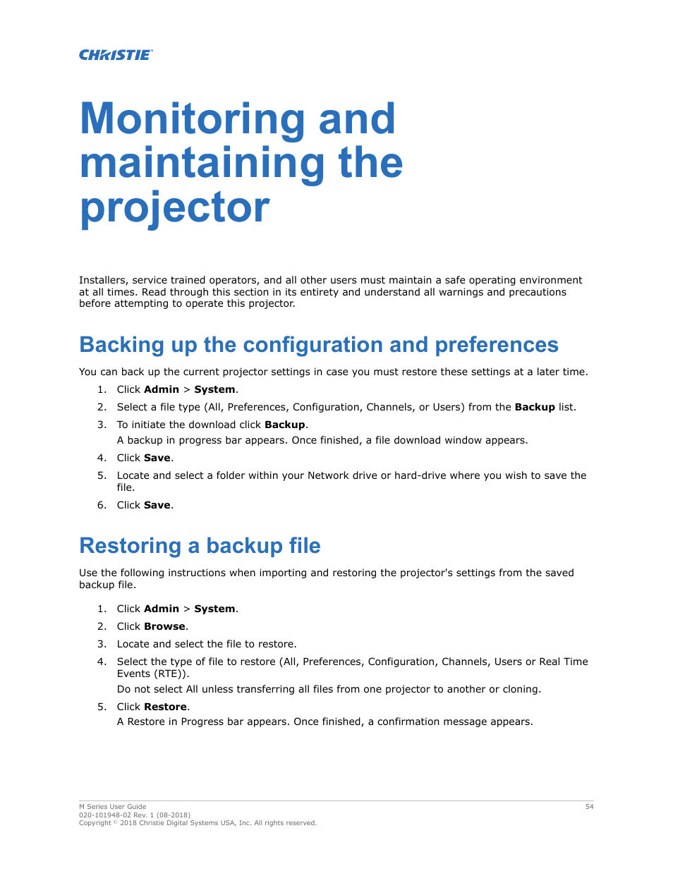 Monitoring and maintaining the projector, Backing up the configuration and preferences, Restoring a backup file | Christie M Series WU14K-M WUXGA 3DLP Projector (No Lens) User Manual | Page 54 / 89