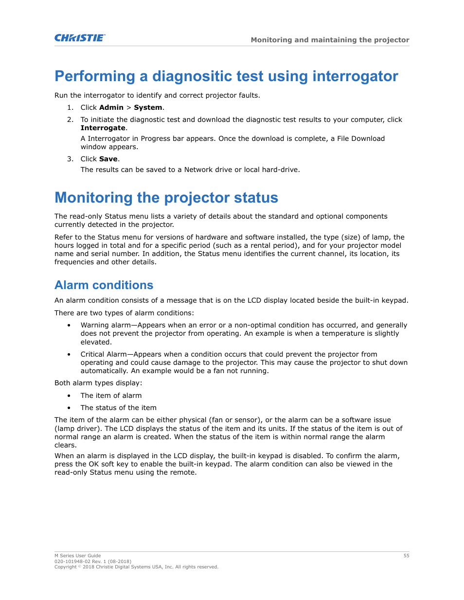 Performing a diagnositic test using interrogator, Monitoring the projector status, Alarm conditions | Christie M Series WU14K-M WUXGA 3DLP Projector (No Lens) User Manual | Page 55 / 89
