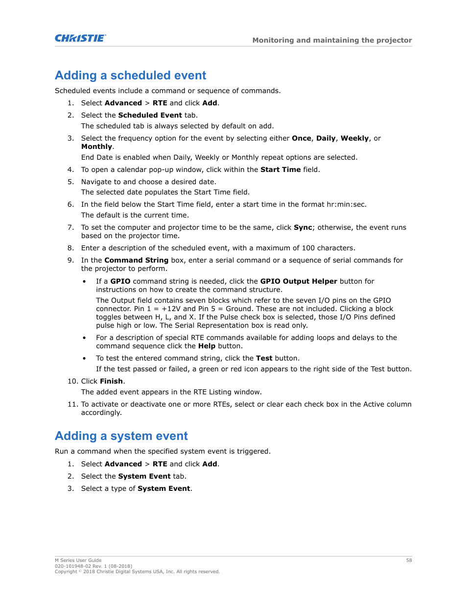 Adding a scheduled event, Adding a system event, Adding a scheduled event adding a system event | Christie M Series WU14K-M WUXGA 3DLP Projector (No Lens) User Manual | Page 58 / 89