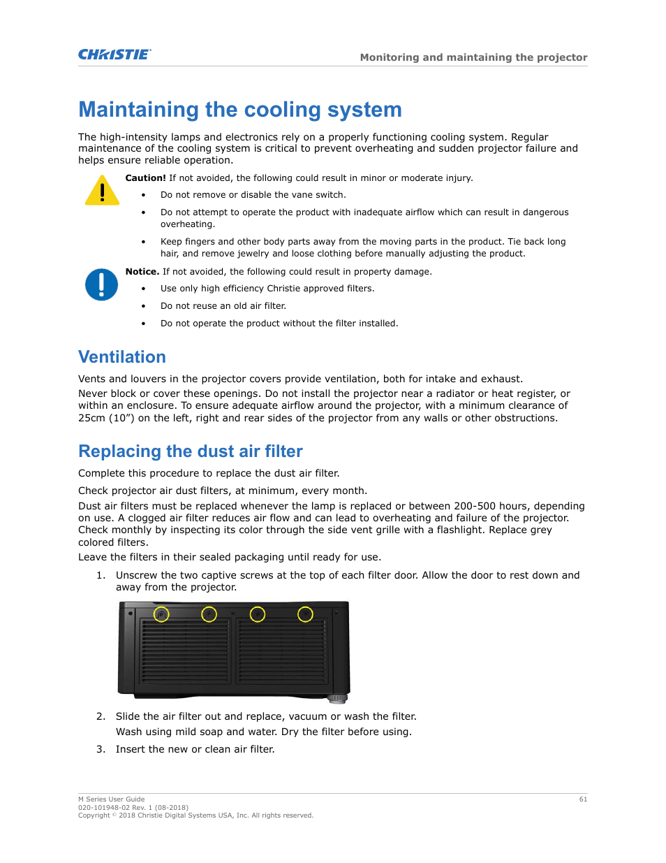 Maintaining the cooling system, Ventilation, Replacing the dust air filter | Ventilation replacing the dust air filter | Christie M Series WU14K-M WUXGA 3DLP Projector (No Lens) User Manual | Page 61 / 89