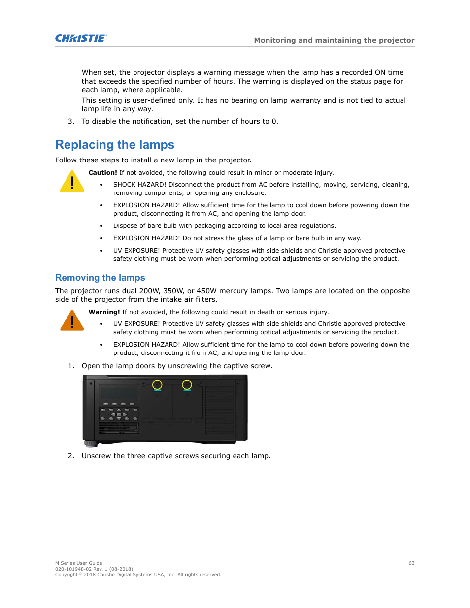 Replacing the lamps, Removing the lamps | Christie M Series WU14K-M WUXGA 3DLP Projector (No Lens) User Manual | Page 63 / 89