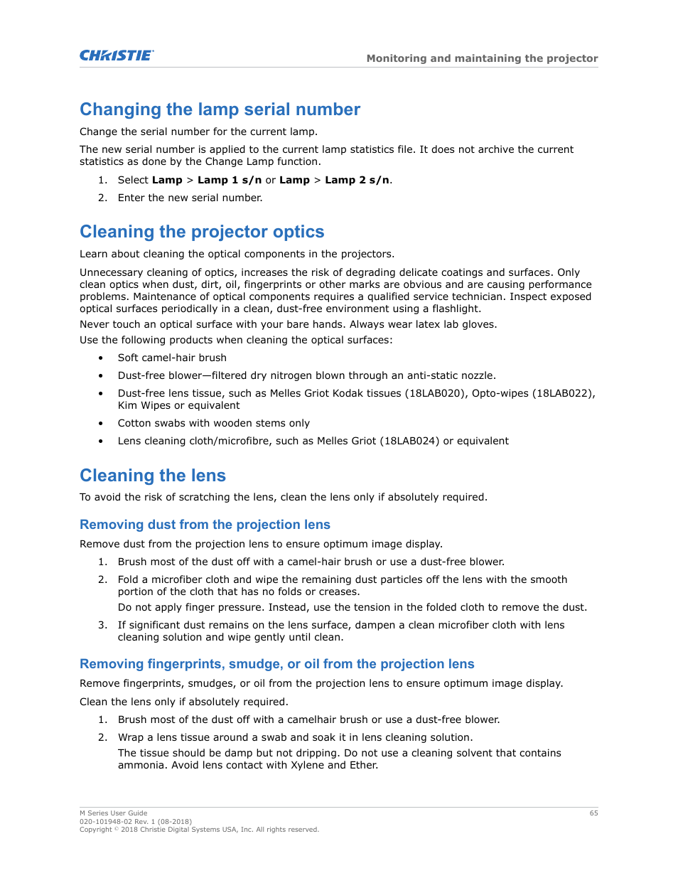 Changing the lamp serial number, Cleaning the projector optics, Cleaning the lens | Removing dust from the projection lens | Christie M Series WU14K-M WUXGA 3DLP Projector (No Lens) User Manual | Page 65 / 89