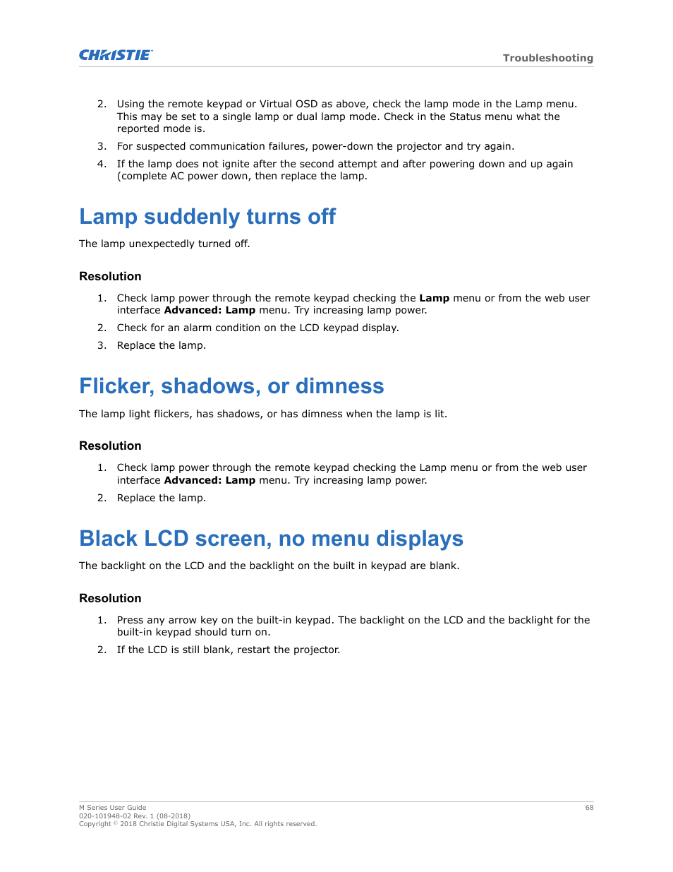 Lamp suddenly turns off, Flicker, shadows, or dimness, Black lcd screen, no menu displays | Christie M Series WU14K-M WUXGA 3DLP Projector (No Lens) User Manual | Page 68 / 89
