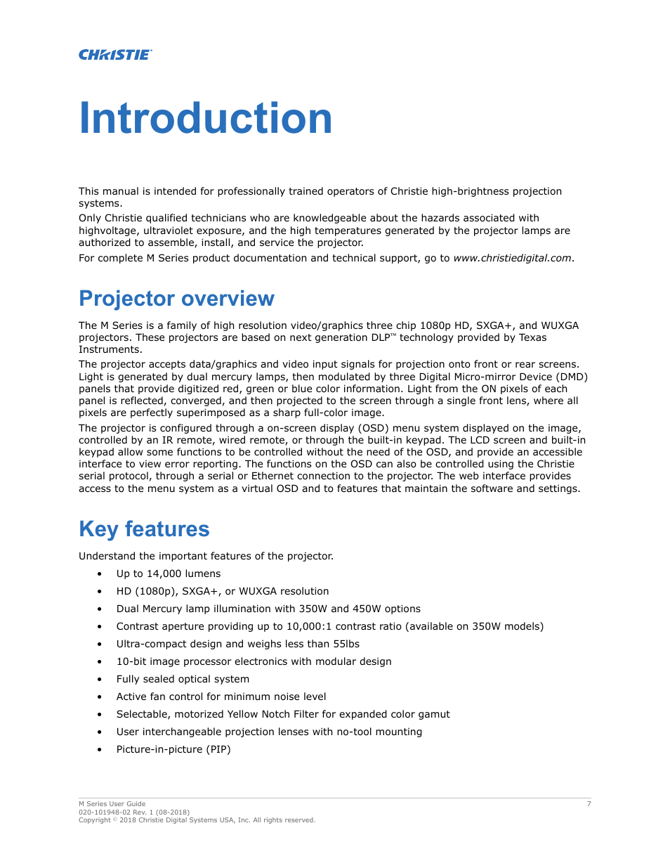 Introduction, Projector overview, Key features | Projector overview key features | Christie M Series WU14K-M WUXGA 3DLP Projector (No Lens) User Manual | Page 7 / 89