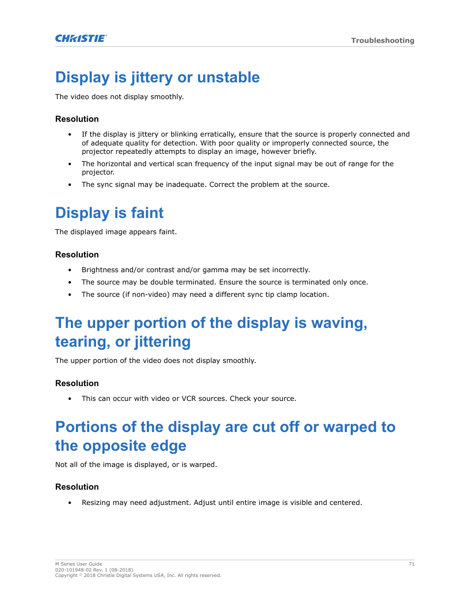 Display is jittery or unstable, Display is faint | Christie M Series WU14K-M WUXGA 3DLP Projector (No Lens) User Manual | Page 71 / 89